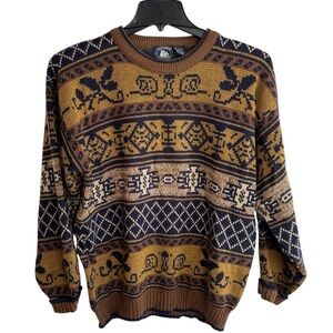 VTG Atlantic Traders Sweater Mens Large Fair Isle Nordic Knit Pullover Brown 80s